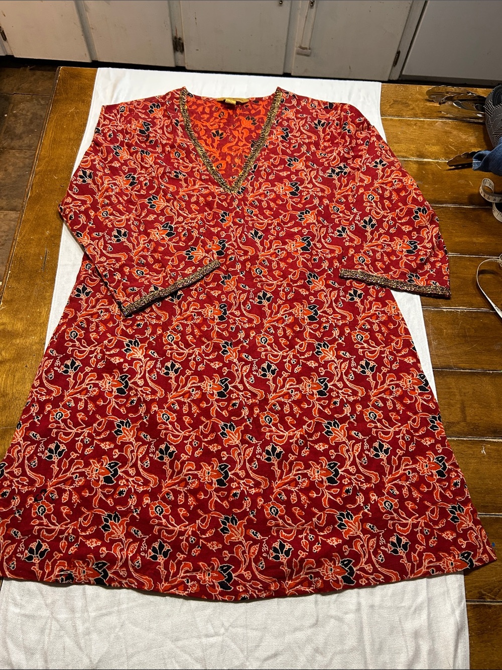 April Cornell Boutique Red Floral V-Neck Tunic with Contrast Beaded Trim -Cotton